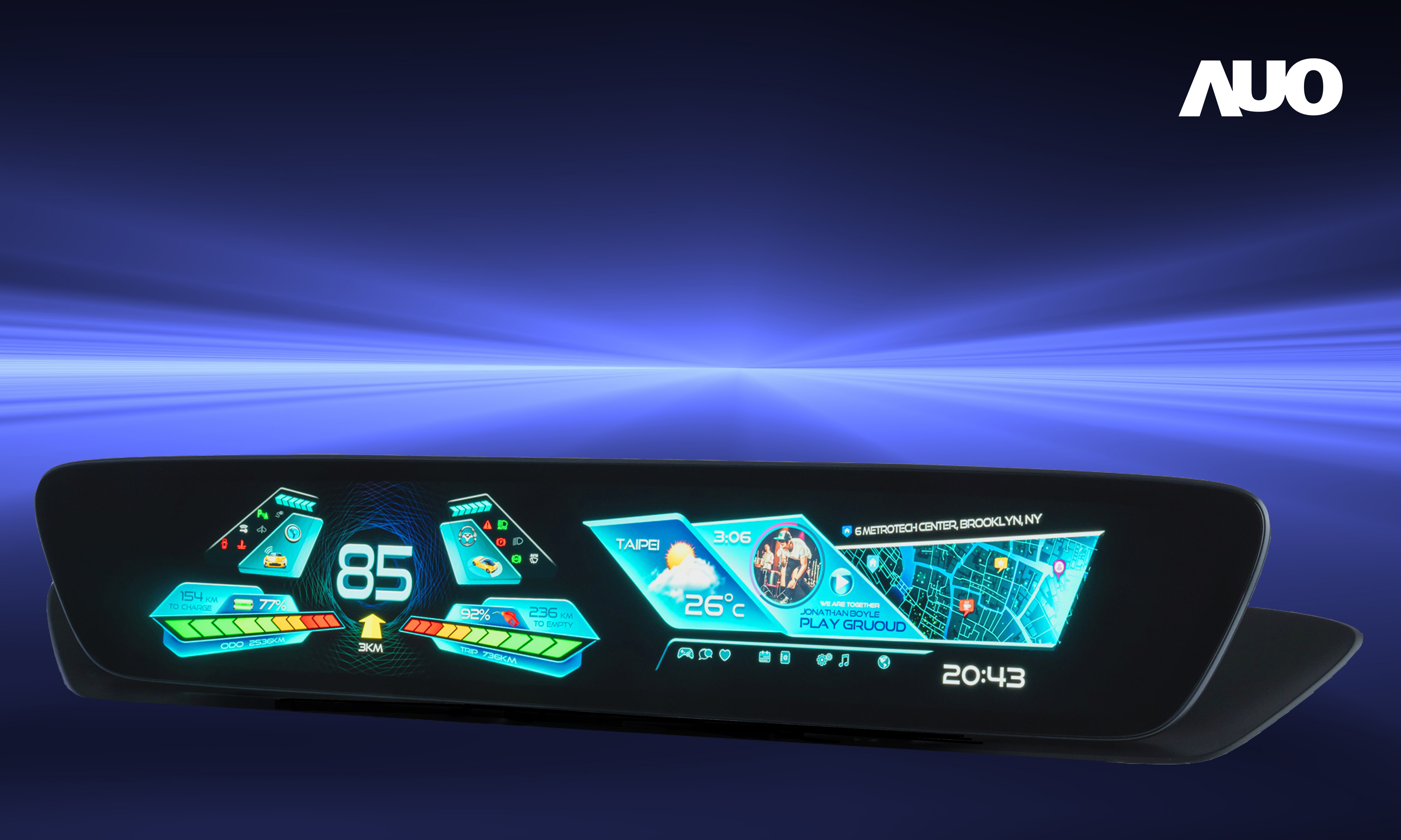 37000a威尼斯30.4吋異形曲面AmLED車載顯示系統，為一兼具儀表板及中控台人機介面的創新車載顯示系統，結合美學設計，提升車內科技沉浸感及使用體驗，讓車載顯示的未來應用更加多元化